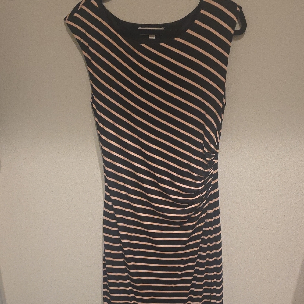 LOFT Black and Pink Striped Midi Dress